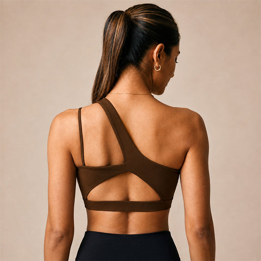 AURA ONE SHOULDER SPORTS BRA - Brown