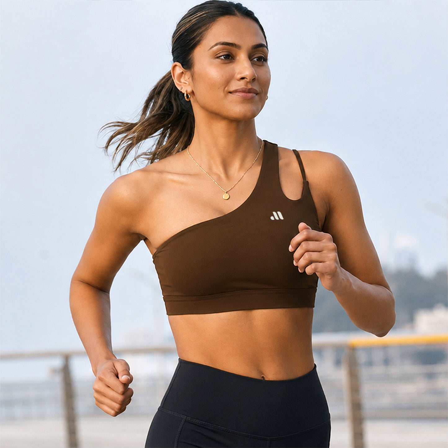 AURA ONE SHOULDER SPORTS BRA - Brown